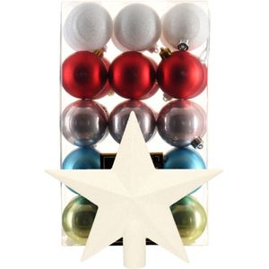 Kerstballen 30 st - gekleurd - 6 cm - met ster piek wit - kunststof
