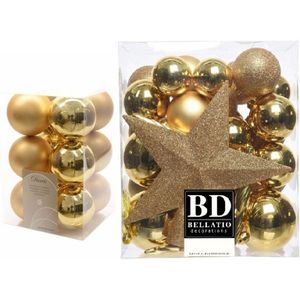 Kerstversiering kunststof kerstballen goud 5-6-8 cm pakket van 45x stuks - Met kunststof ster piek van 19 cm