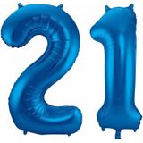21 jaar blauwe folie ballonnen 86 cm leeftijd/cijfer - Leeftijdsartikelen 21e verjaardag versiering - Heliumballonnen