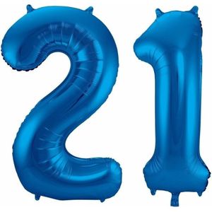 21 jaar blauwe folie ballonnen 86 cm leeftijd/cijfer - Leeftijdsartikelen 21e verjaardag versiering - Heliumballonnen