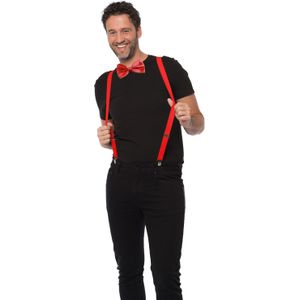 Carnaval verkleedset bretels en strik - rood - volwassenen/unisex - feestkleding accessoires