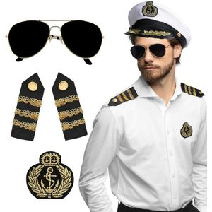 Carnaval verkleed set - kapiteinspet - wit - met epauletten/badge/zonnebril - heren/dames