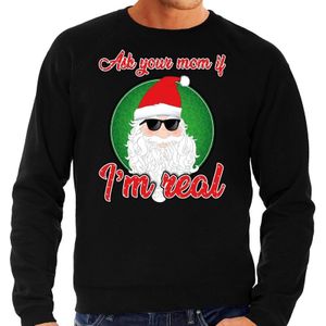 Foute Kersttrui / sweater - ask your mom Ã­ am real - zwart voor heren - kerstkleding / kerst outfit