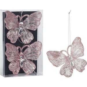 Christmas Decoration kersthangers vlinders - 2x- roze glitter - 15 cm