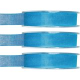 3x Hobby/decoratie turquoise organza sierlinten 1,5 cm/15 mm x 20 meter - Cadeaulint organzalint/ribbon - Striklint linten blauw