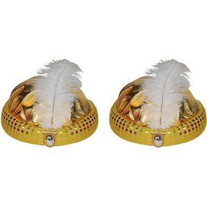 2x stuks goud Arabisch Sultan tulband met diamant en veer - 1001 nacht verkleed hoedje
