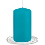 Trend Candles - Stompkaarsen met Glazen Onderzetters set van 2x Stuks Turquoise Blauw  6 X 12 cm