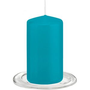 Trend Candles - Stompkaarsen met Glazen Onderzetters set van 2x Stuks Turquoise Blauw  6 X 12 cm