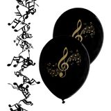 Muziek thema feest decoratie set - 16x ballonnen 23 cm - 1x slinger 7,5 m- zwart - muzieknoten