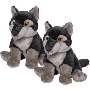 2x stuks pluche wolf knuffel zwart 24 cm - Dieren wolven knuffels speelgoed