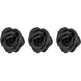 3x stuks decoratie bloemen roos zwart glitter op clip 15 cm - Decoratiebloemen/kerstboomversiering/kerstversiering