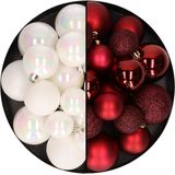 Kerstballen 60x stuks - mix donkerrood/parelmoer wit - 4-5-6 cm - kunststof - kerstversiering