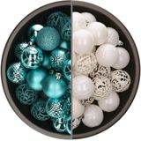 Bellatio Decorations Kerstballen mix - 74-delig - turquoise blauw en wit - 6 cm - kunststof