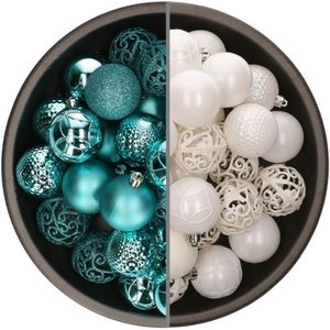 Bellatio Decorations Kerstballen mix - 74-delig - turquoise blauw en wit - 6 cm - kunststof