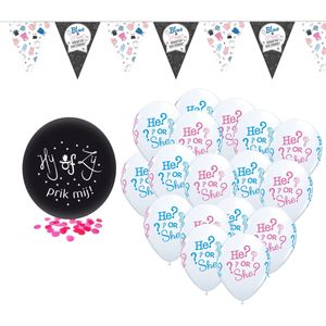 Gender reveal party versieringen pakket geboorte meisje grote prik-ballon/ballonnen he or she/vlaggetjes