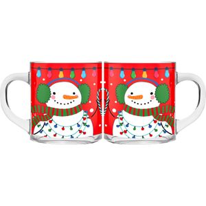 Kerst mokken/bekers - 2 stuks - glas - 300 ml - sneeuwpop - 11 cm