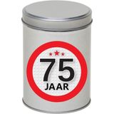 Cadeau/kado zilver rond blik 75 jaar 13 cm - Snoepblikken - Cadeauverpakking voor verjaardag