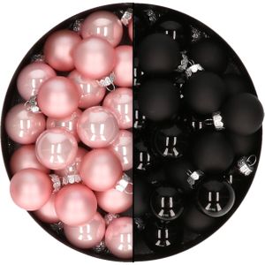 Mini kerstballen - 48x st - zwart en lichtroze - 2,5 cm - glas - kerstversiering