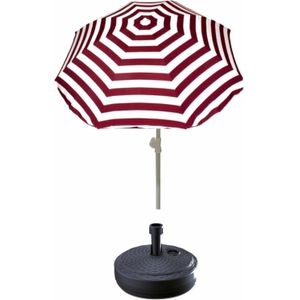 Rood gestreepte lichtgewicht strand/tuin basic parasol van nylon 180 cm + vulbare parasolvoet antraciet van plastic