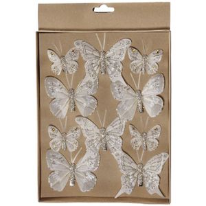 20x stuks decoratie vlinders op clip wit/zilver - Kerstversiering/woondecoratie/bruiloft versiering