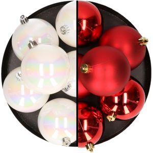 12x stuks kunststof kerstballen 8 cm mix van parelmoer wit en rood - Kerstversiering