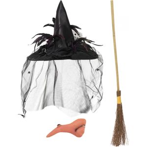 Smiffys Heksen verkleed set voor dames heksenhoed - haakneus - heksenbezem van 95 cm