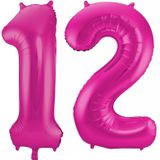 Cijfer ballonnen - Verjaardag versiering 12 jaar - 85 cm - roze