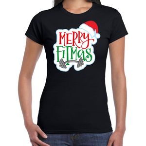 Merry fitmas Kerstshirt / Kerst t-shirt zwart voor dames - Kerstkleding / Christmas outfit
