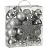 39x stuks kunststof kerstballen en kerstornamenten met ster piek zilver inclusief kerstbalhaakjes - Onbreekbare kerstballen