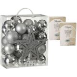 39x stuks kunststof kerstballen en kerstornamenten met ster piek zilver inclusief kerstbalhaakjes - Onbreekbare kerstballen