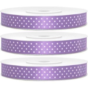 3x Hobby/decoratie lila paarse satijnen sierlinten met witte stippen 1,2 cm/12 mm x 25 meter - Cadeaulinten satijnlinten/ribbons - Lila paarse linten met witte stippen - Hobbymateriaal benodigdheden - Verpakkingsmaterialen