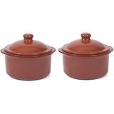 4x Stenen ovenschalen met deksel bruin/ terracotta 18 cm - Terracotta ovenschalen/stoofpotjes