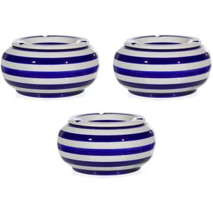 3x Blauw/witte ronde terras asbakken/stormasbakken 23 cm - Gestreepte martieme woonaccessoires - Rookwaren toebehoren/rokersbenodigdheden/tabak accessoires