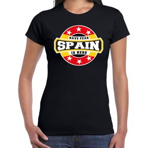 Have fear Spain is here t-shirt met sterren embleem in de kleuren van de Spaanse vlag - zwart - dames - Spanje supporter / Spaans elftal fan shirt / EK / WK / kleding