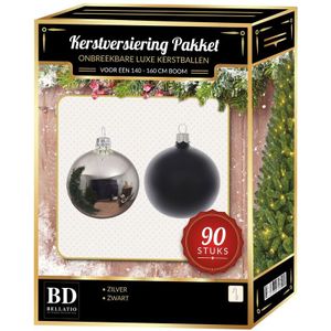 Kerstballen set 90-delig voor 150 cm boom - Zilver met zwarte Kerstversiering