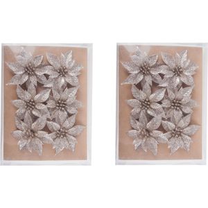 24x stuks decoratie bloemen rozen champagne glitter op clip 8 cm - Decoratiebloemen/kerstboomversiering/kerstversiering