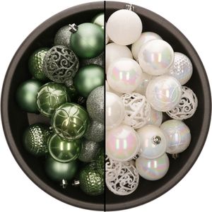 Bellatio Decorations Kerstballen mix - 74-delig - parelmoer wit en salie groen - 6 cm - kunststof