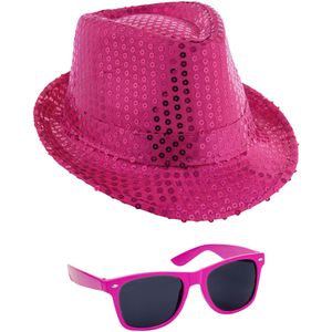 Carnaval verkleed setje - glitter pailletten hoedje en party zonnebril - roze - volwassenen