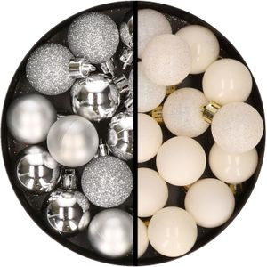 Kerstballen 34x st - 3 cm - zilver en wol wit - kunststof