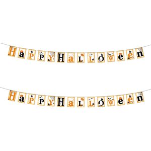 2x stuks feestdecoratie Happy Halloween vlaggenlijn/slinger 3 meter brandvertragend papier