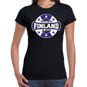 Have fear Finland is here t-shirt met sterren embleem in de kleuren van de Finse vlag - zwart - dames - Finland supporter / Fins elftal fan shirt / EK / WK / kleding