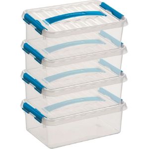 5x Sunware Q-Line opberg boxen/opbergdozen 4 liter 30 x 20 x 10 cm kunststof - platte/smalle opslagbox - Opbergbak kunststof transparant/blauw