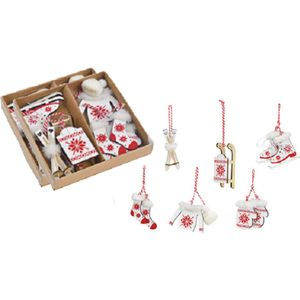 12x stuks houten kersthangers wit/rood wintersport thema kerstboomversiering - Kerstversiering kerstornamenten
