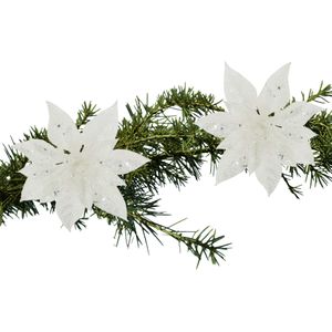 Kerstboom bloemen op clip - 2x stuks - wit glitter - kunststof - 15 cm