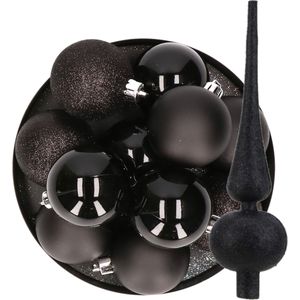 24x stuks kunststof kerstballen 6 cm inclusief glitter piek zwart - Kerstversiering