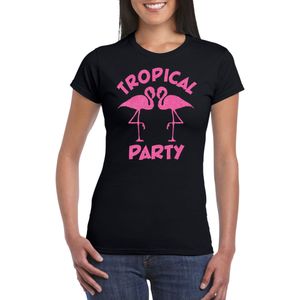 Bellatio Decorations Tropical party T-shirt dames - met glitters - zwart/roze -carnaval/themafeest