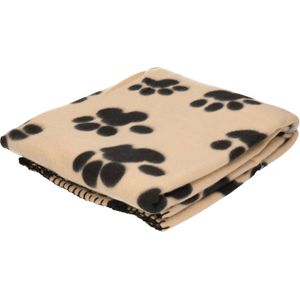 Fleece deken voor huisdieren met pootafdrukken 125 x 157 cm beige/zwart - katten/poezen dekentje - Hondenmand plaid