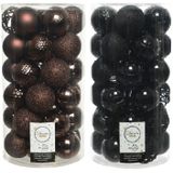 74x stuks kunststof kerstballen mix donkerbruin en zwart 6 cm - Onbreekbare kerstballen - Kerstversiering