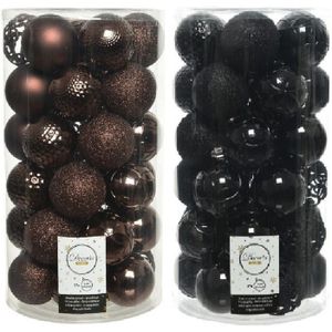 74x stuks kunststof kerstballen mix donkerbruin en zwart 6 cm - Onbreekbare kerstballen - Kerstversiering