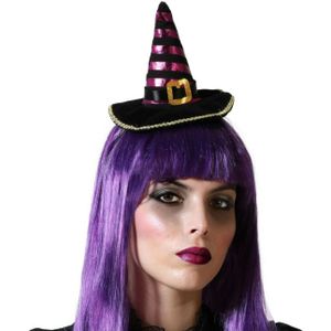 Halloween heksenhoed - mini hoedje op diadeem - one size - zwart/paars - meisjes/dames - verkleed accessoires